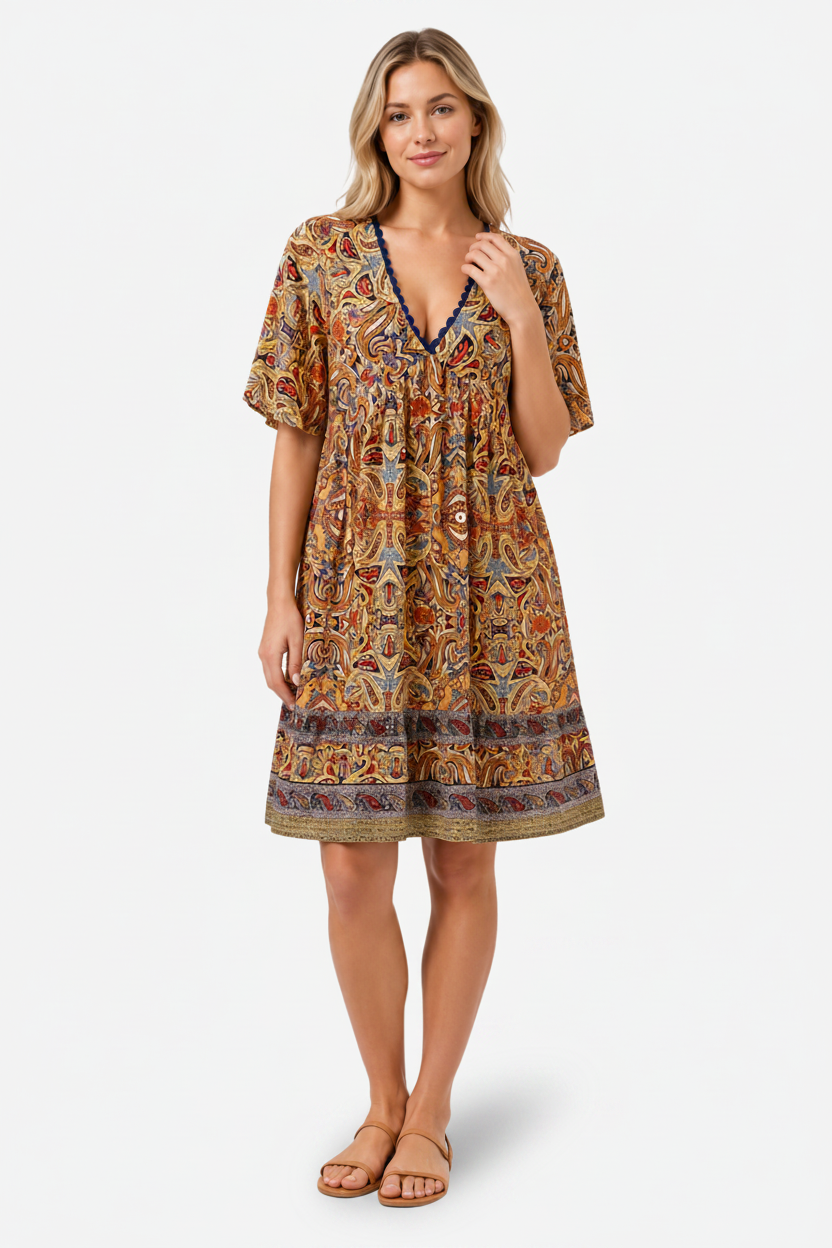 VALERIQUE | Femme Robe Boho Décontractée en Mélange de Coton Bleu et Jaune, Manches Courtes, Col en V Profond