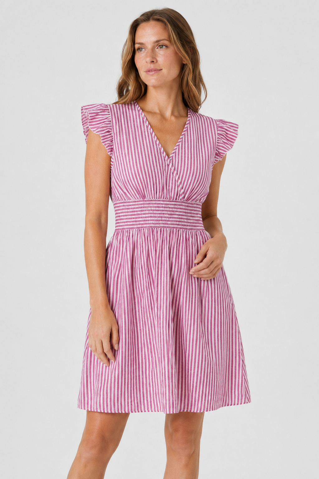 VALERIQUE | Femme Robe Décontractée à Rayures en Mélange de Coton, Col en V Profond, Manches Volantées