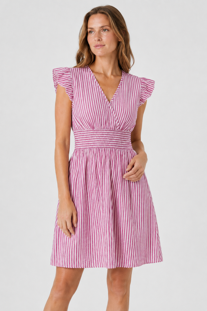 VALERIQUE | Femme Robe Décontractée à Rayures en Mélange de Coton, Col en V Profond, Manches Volantées