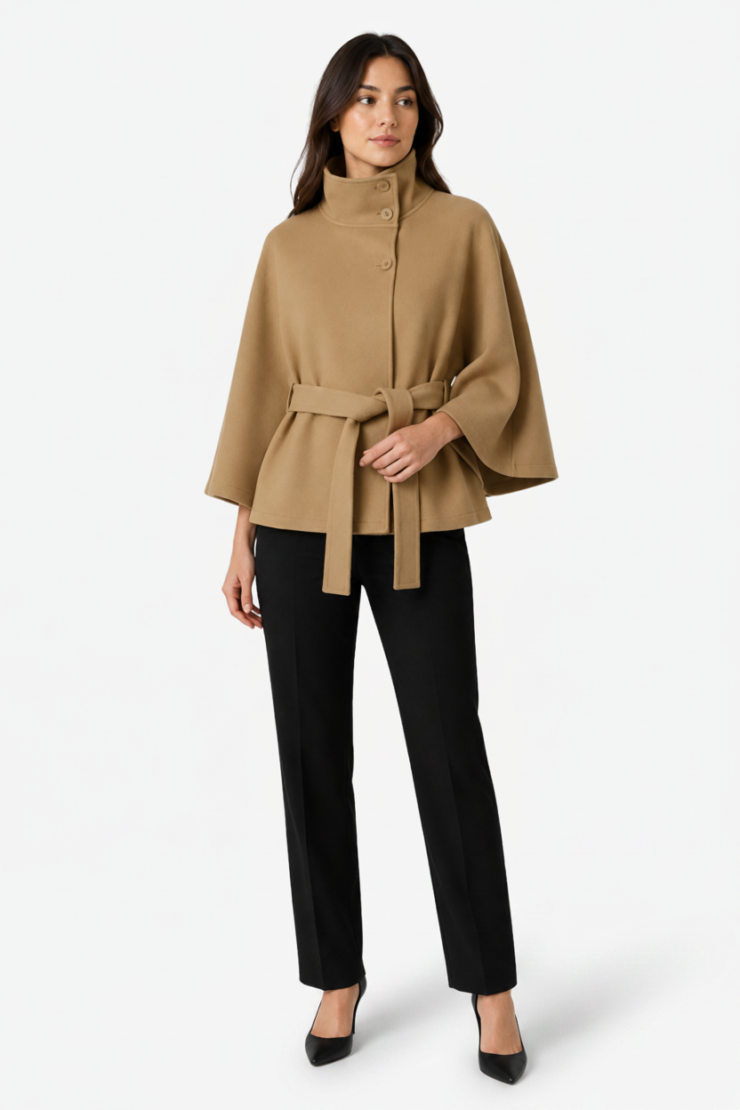 VALERIQUE | Manteau Cape Ceinturé pour Femme – Col Haut Manches Larges Design Structuré