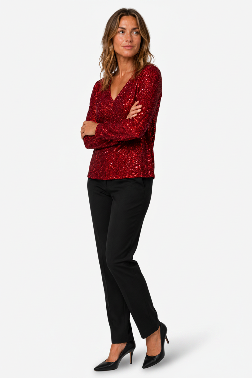 VALERIQUE | Blouse à sequins pour femme à manches longues – Col en V et sequins sur toute la surface