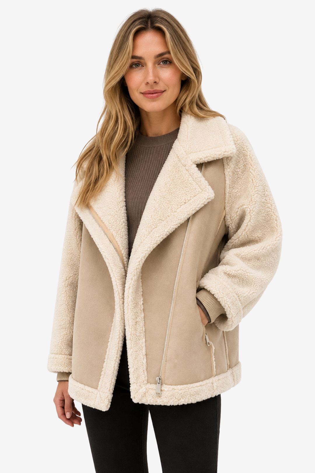 VALERIQUE | Veste Effet Peau Lainée pour Femme – Revers Oversize Panneaux Contrastants Fermeture Zippée