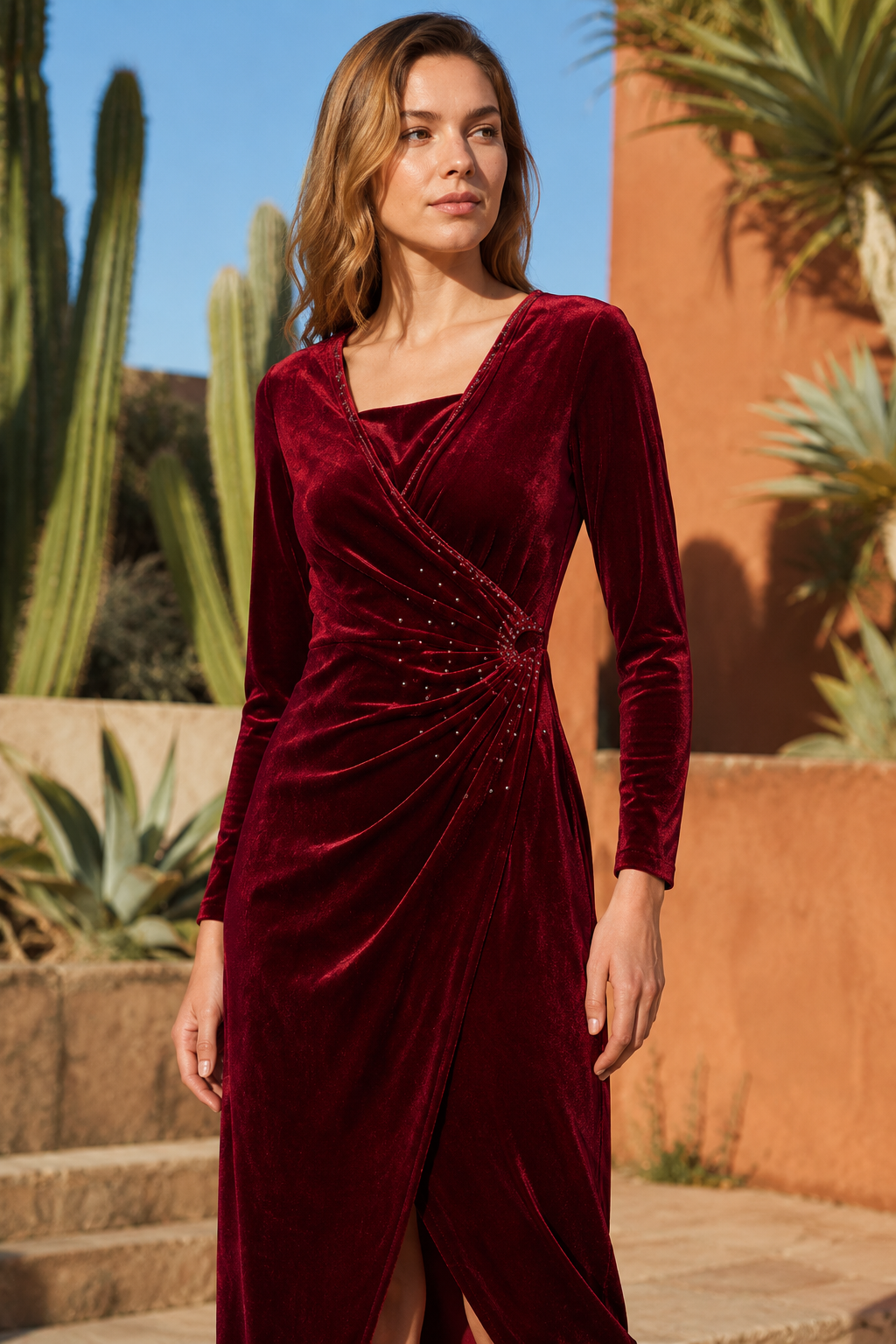 VALERIQUE | Robe Portefeuille Drapée en Velours pour Femme – Élégance Lumineuse