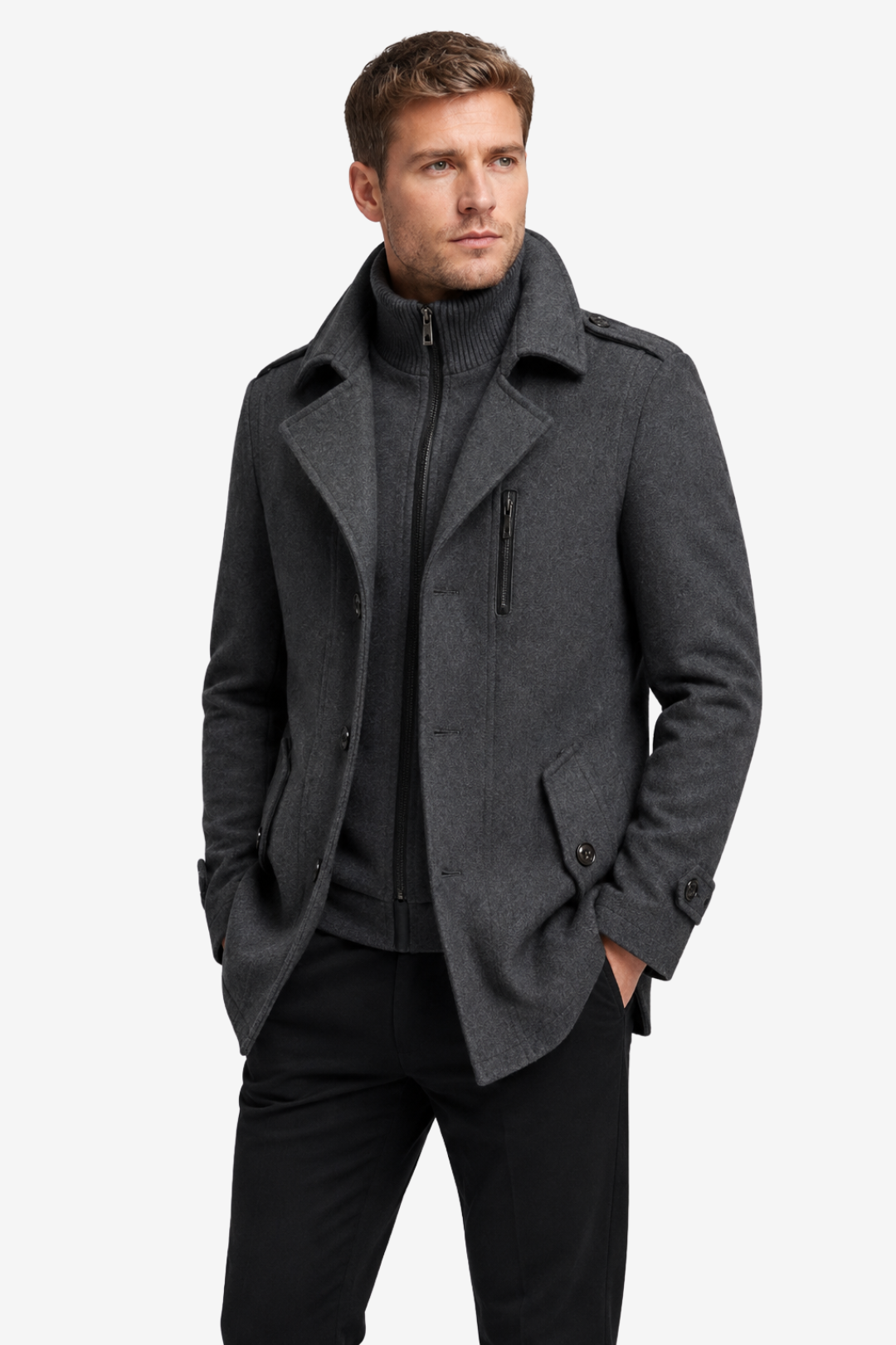 VALERIQUE | Manteau Deux Pièces pour Homme – Col Haut Superposé Design Ajusté