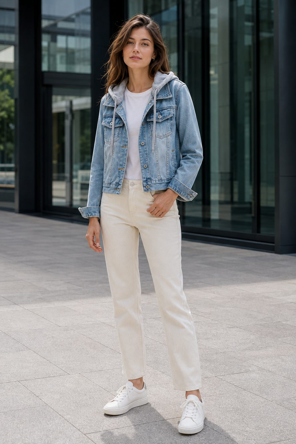 VALERIQUE | Veste en Jean à Capuche pour Femme – Fermeture Boutonnée Capuche Superposée et Poches