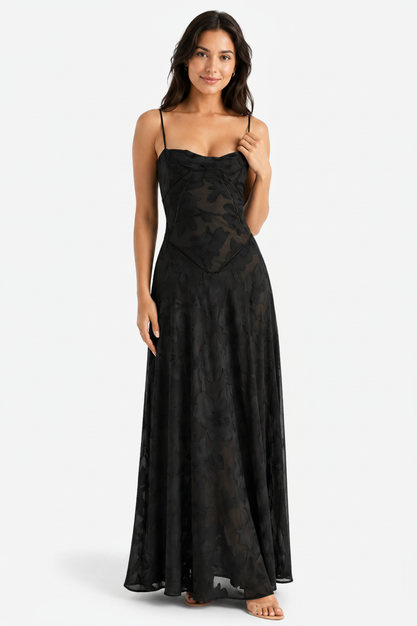 VALERIQUE | Femme Robe Longue Brodée Florale pour - Rose Poudré et Noir