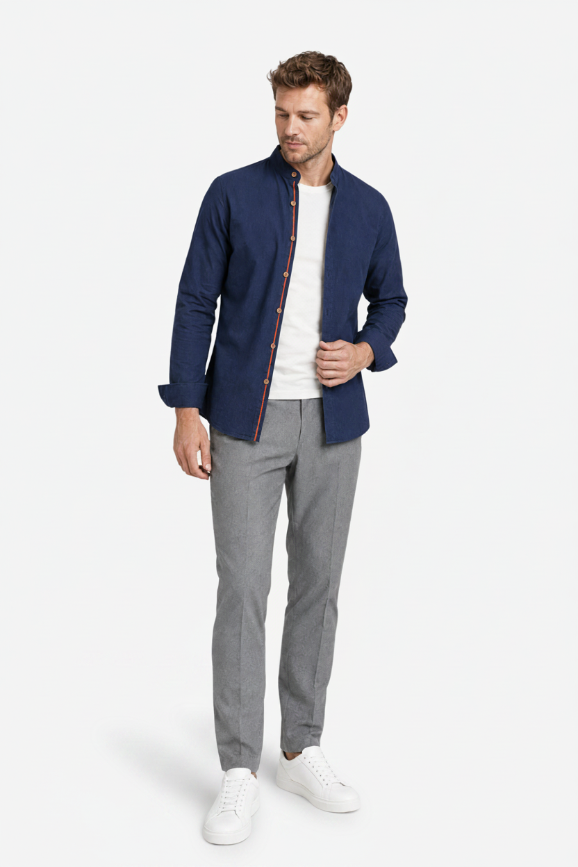 VALERIQUE | Homme Chemise en coton coupe ajustée manches longues col officier style décontracté