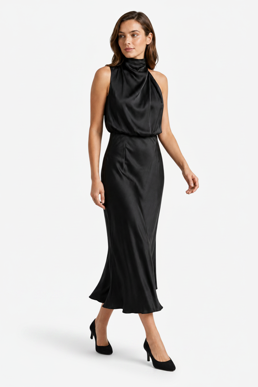 VALERIQUE | Femme Robe midi sans manches coupe ajustée col drapé style fluide
