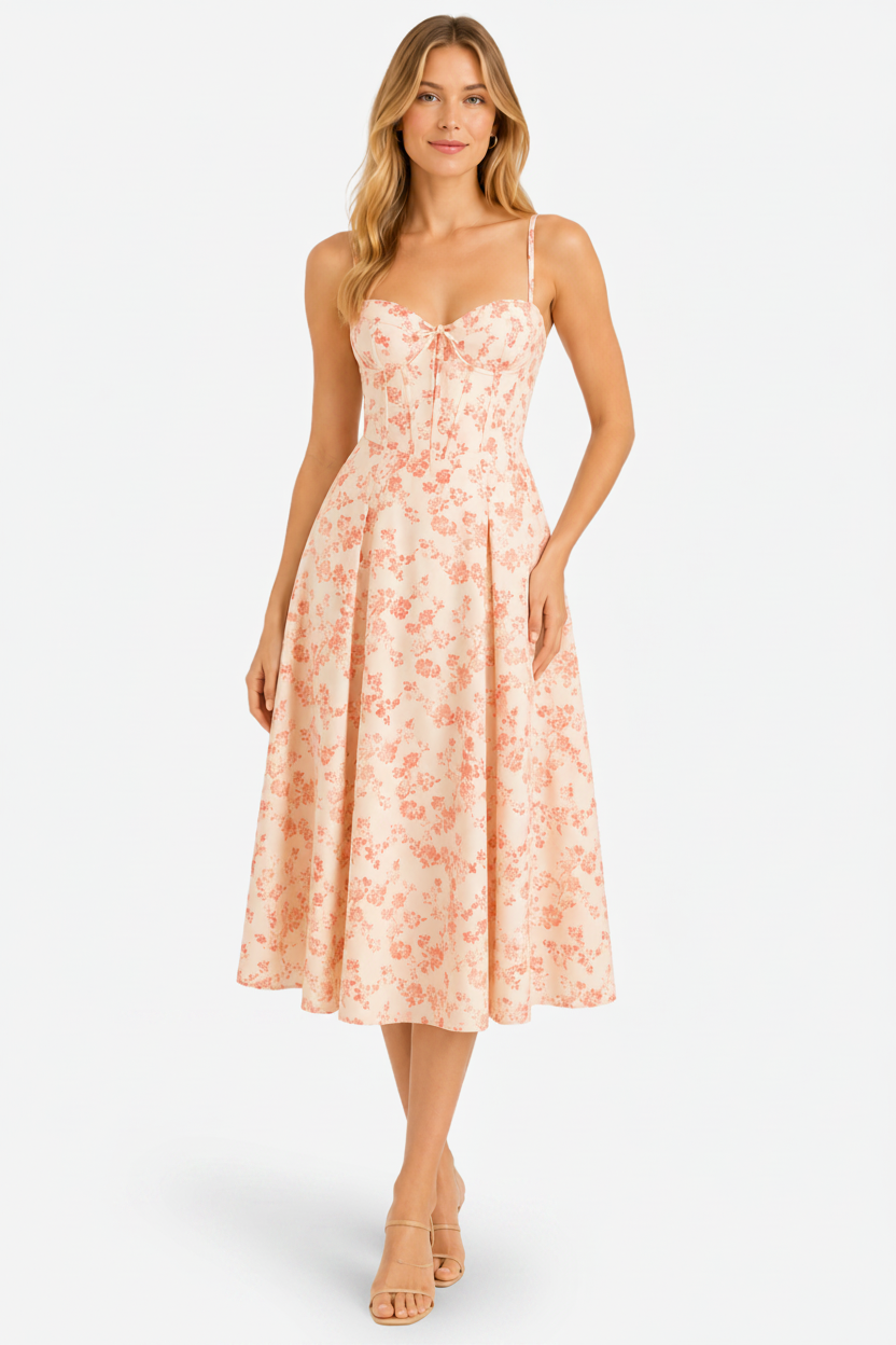 VALERIQUE | Robe midi beige à imprimé floral avec bretelles fines et fente latérale pour usage estival