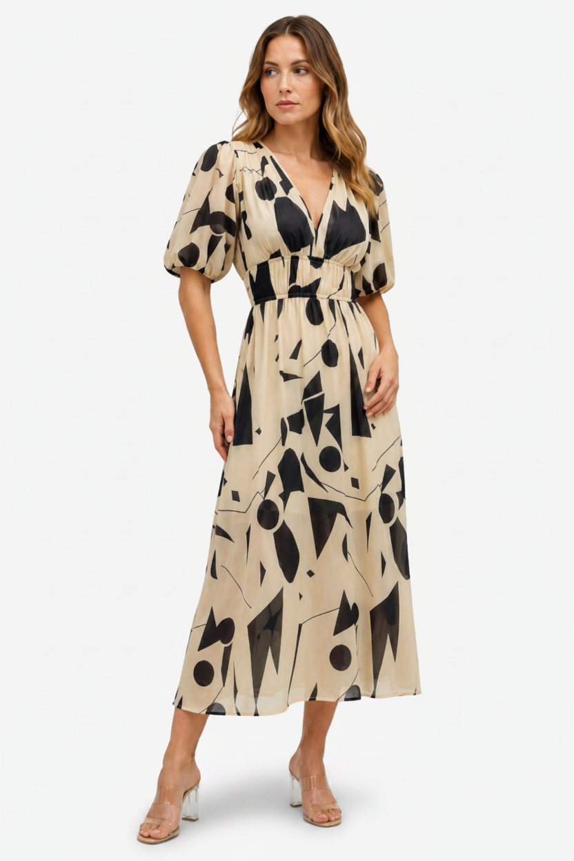 VALERIQUE | Robe Maxi Géométrique pour Femme – Manches Bouffantes