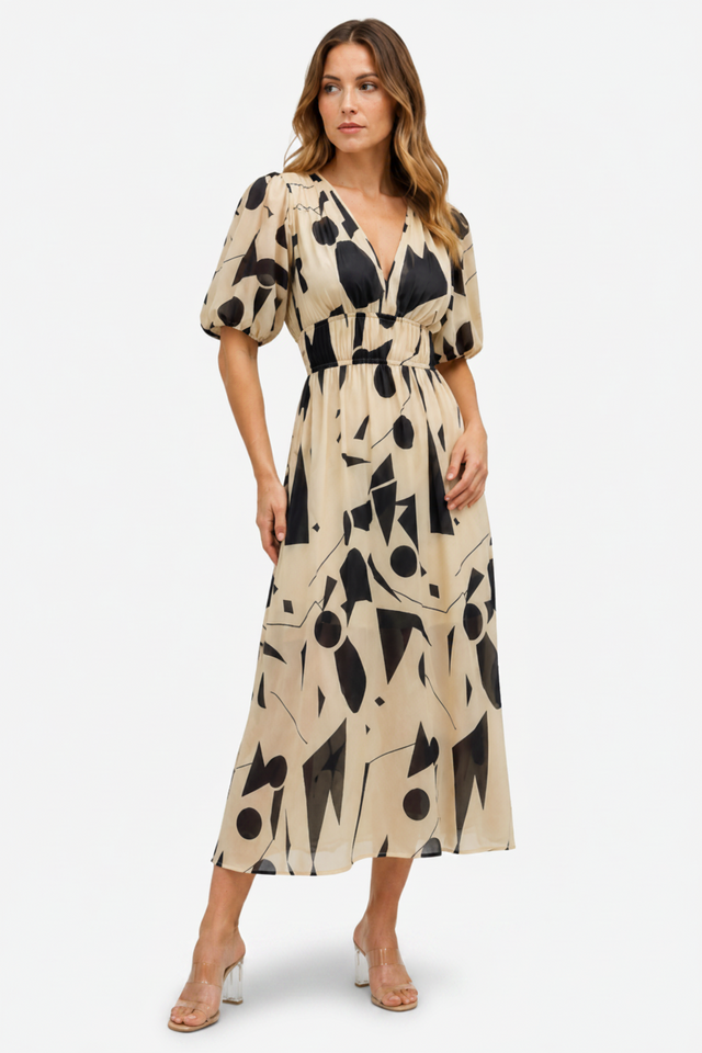 VALERIQUE | Robe Maxi Géométrique pour Femme – Manches Bouffantes