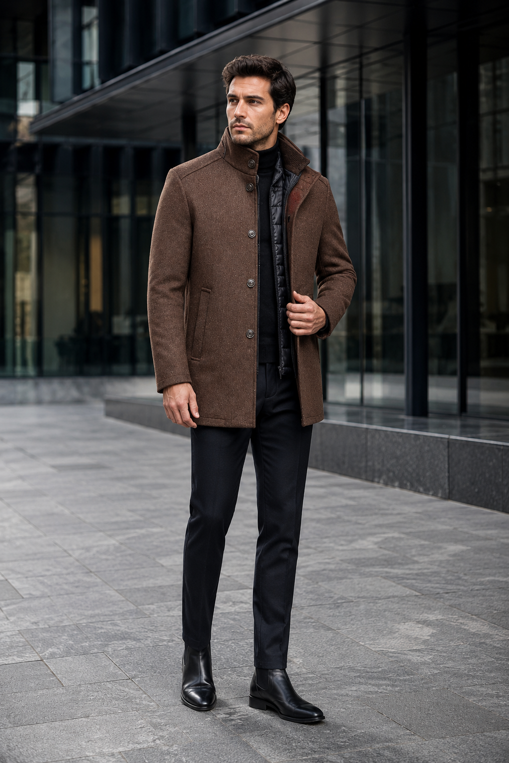 VALERIQUE | Veste d'hiver boutonnée pour homme – Col montant avec design frontal superposé