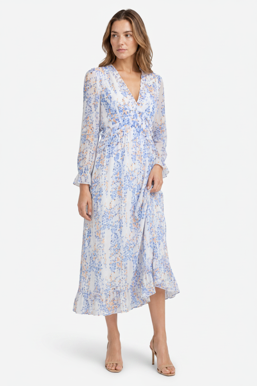 VALERIQUE | Femme Robe Longue Décontractée en Mélange de Coton Bleu et Blanc, Manches Longues, Col en V Profond