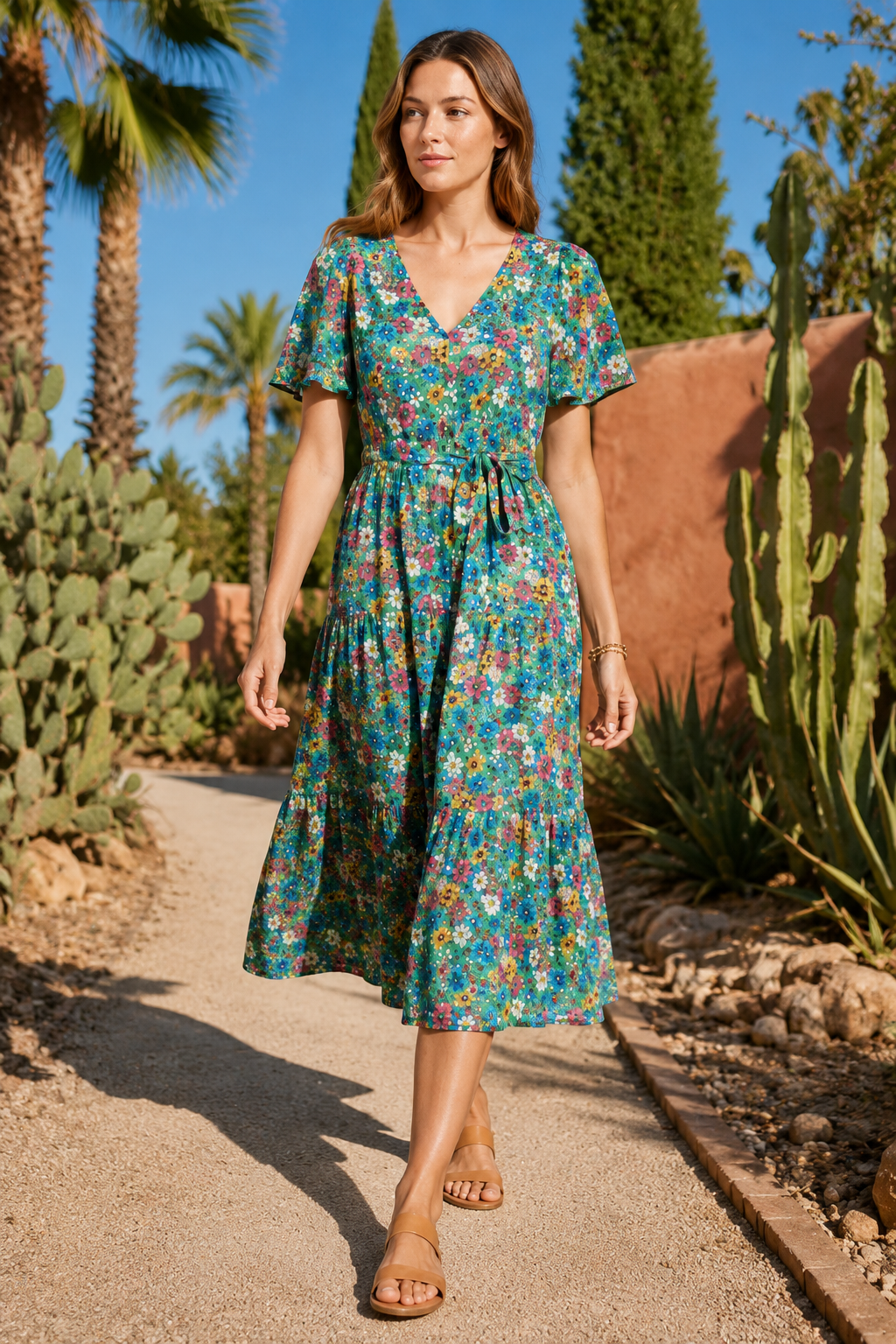 VALERIQUE | Robe Midi Fleurie pour Femme – Manches Courtes et Boutonnée