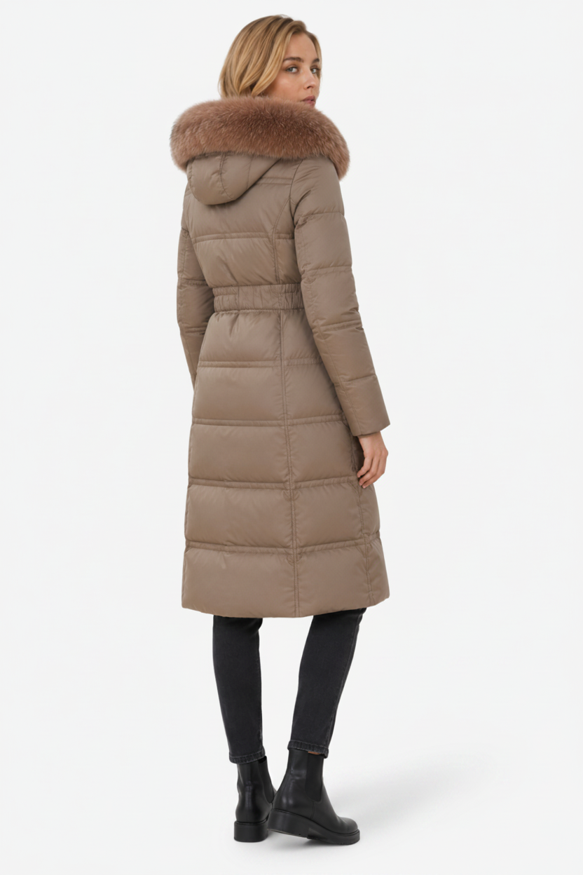 VALERIQUE | Manteau d'hiver long matelassé pour femmes – Taille cintrée et capuche bordée