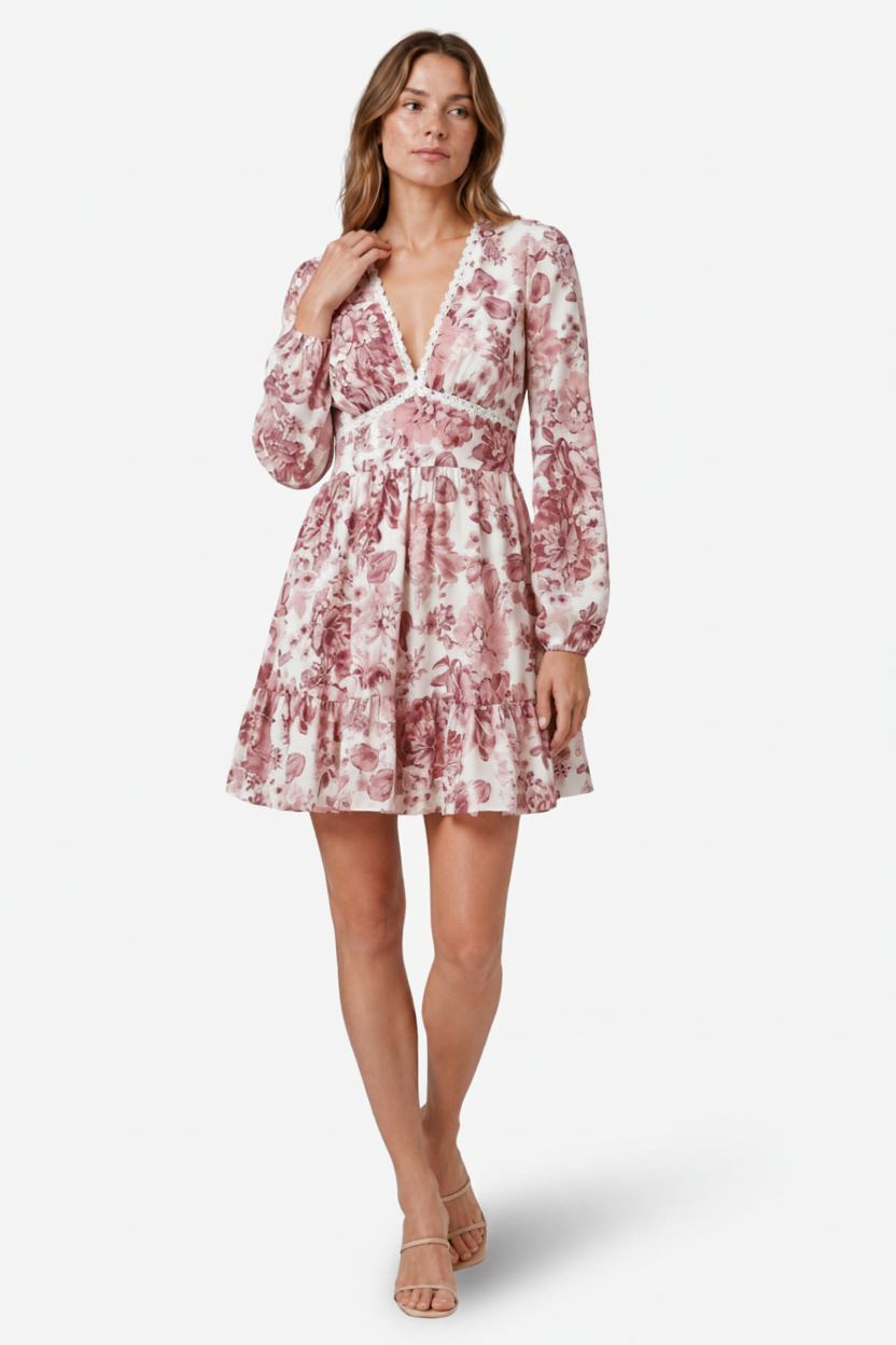 VALERIQUE | Femme Robe Florale Décontractée en Mélange de Coton Rose et Bleu, Manches Longues, Col en V Profond