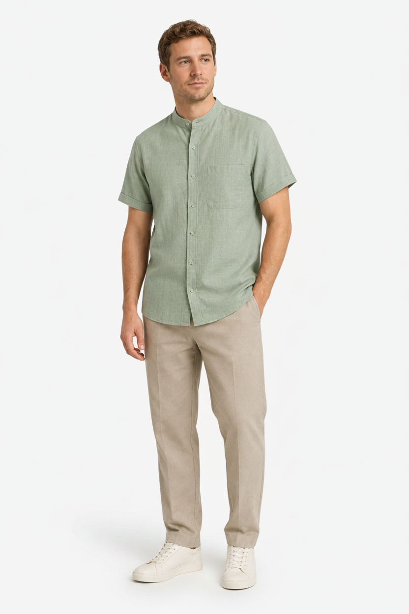 VALERIQUE | Homme chemise sauge en lin à manches courtes avec col officier et fermeture boutonnée pour usage quotidien