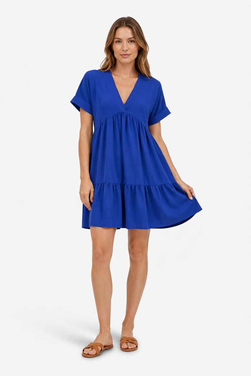 VALERIQUE | Robe Ample Col V pour Femme – Manches Courtes et Froncée