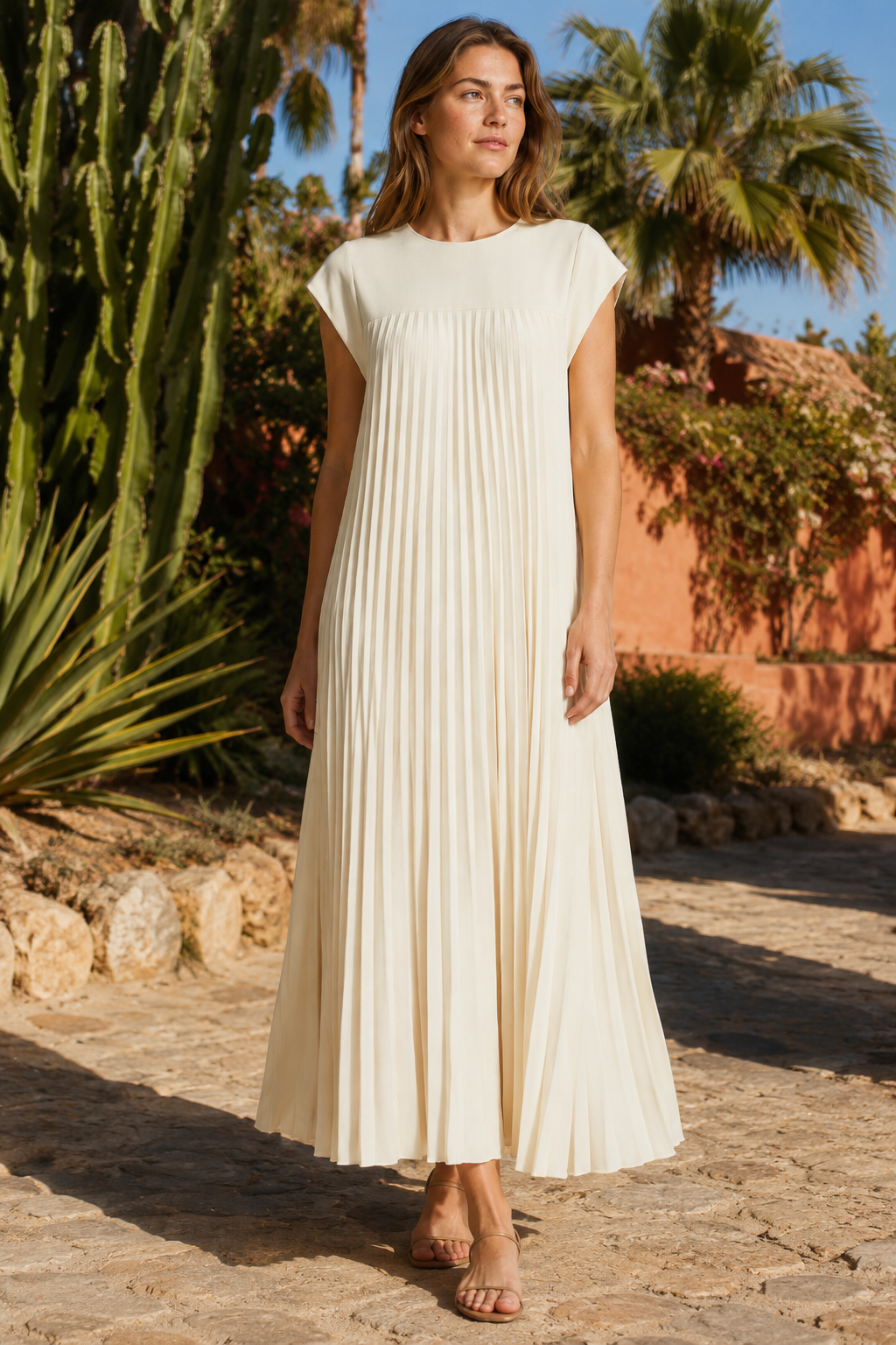 VALERIQUE | Femme Robe midi plissée coupe ample manches courtes style décontracté