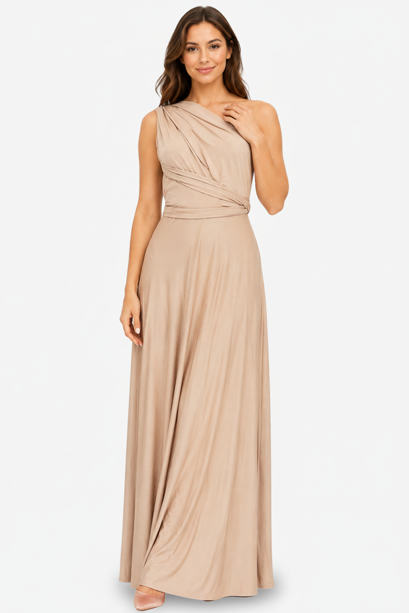 VALERIQUE | Femme Robe Longue Asymétrique pour Femme - Rose Poudré et Beige