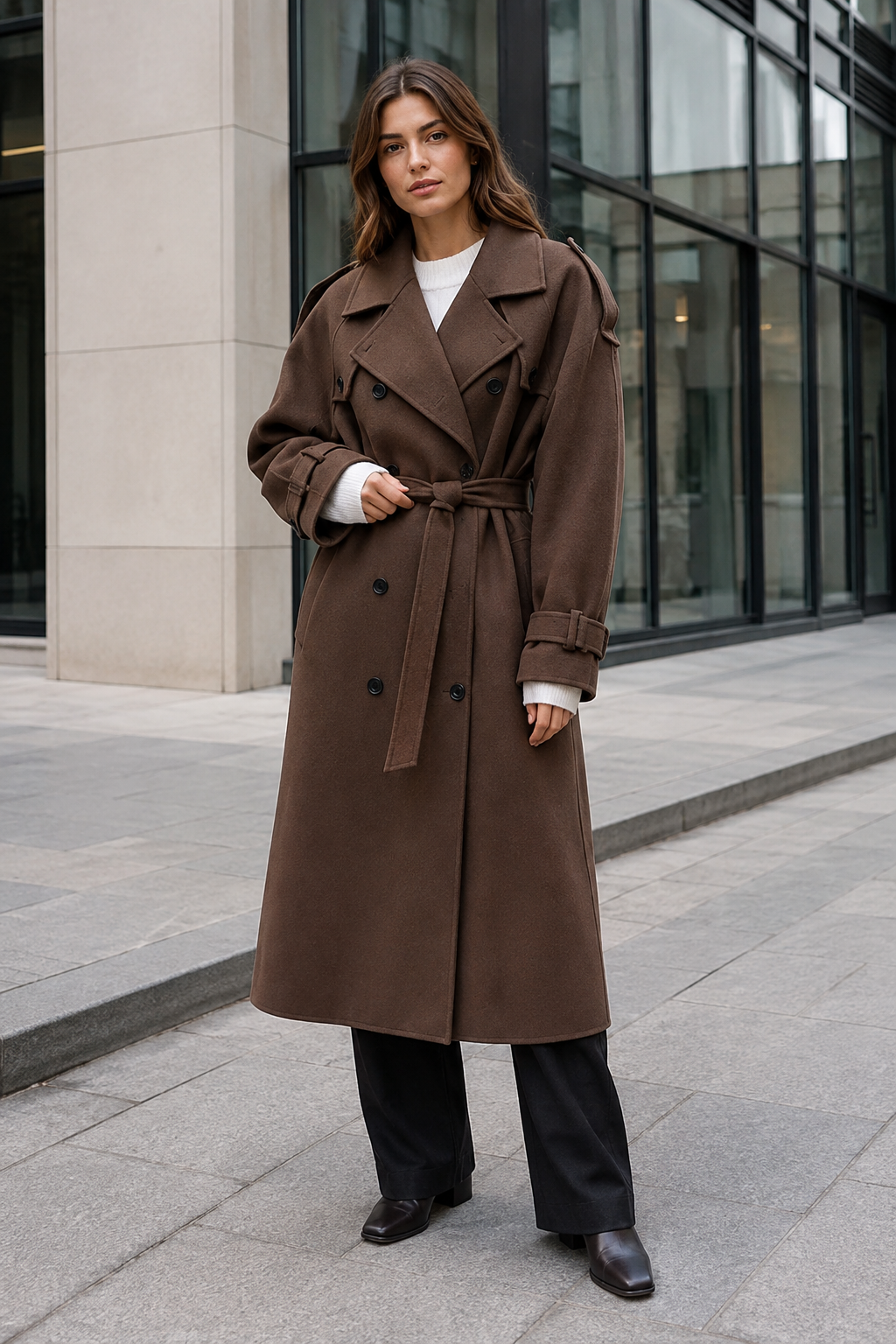 VALERIQUE | Trench-Coat d’Hiver pour Femme – Coupe Longue Croisée avec Ceinture