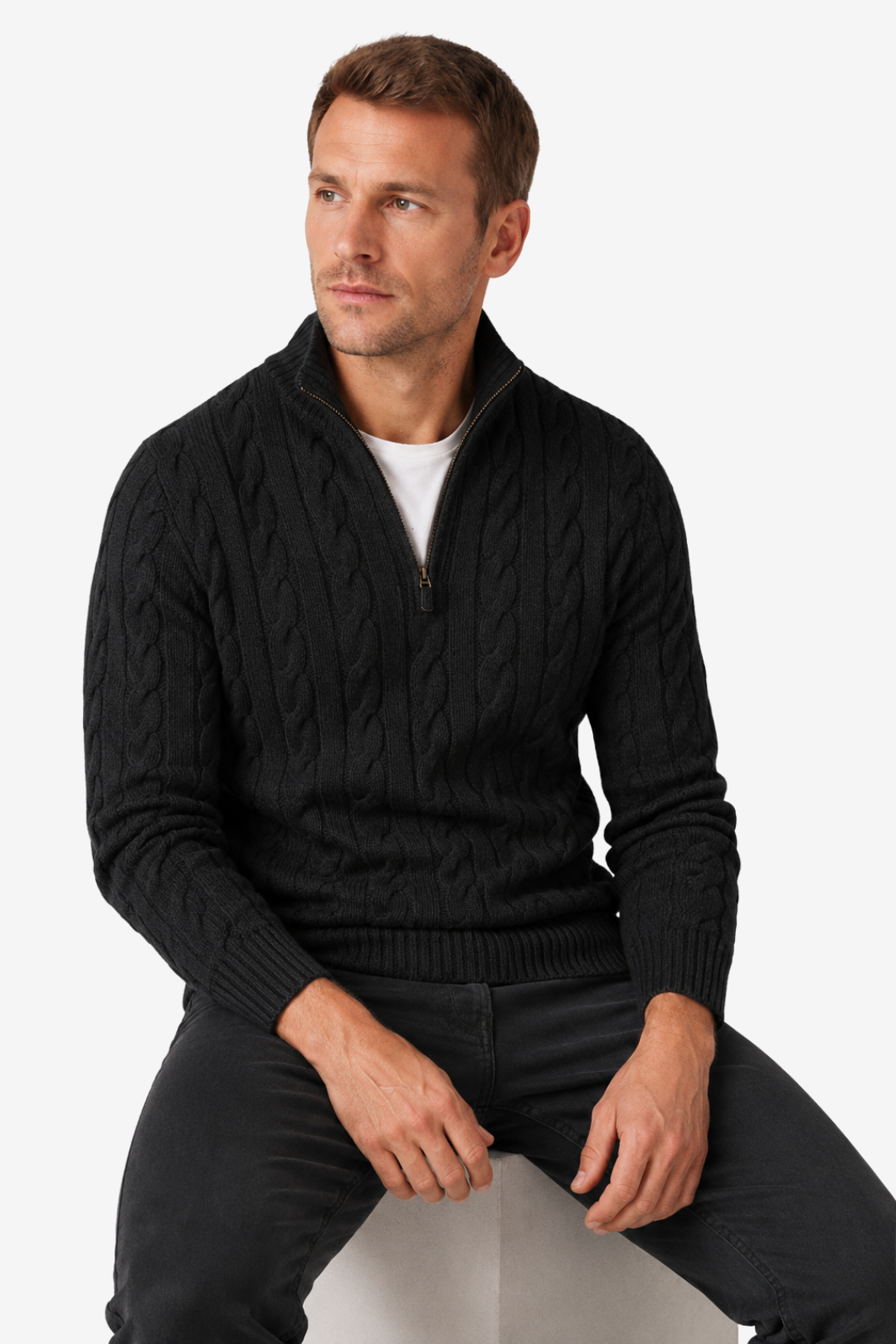 VALERIQUE | Pull en Maille Torsadée pour Homme – Col Montant Fermeture Quart de Zip