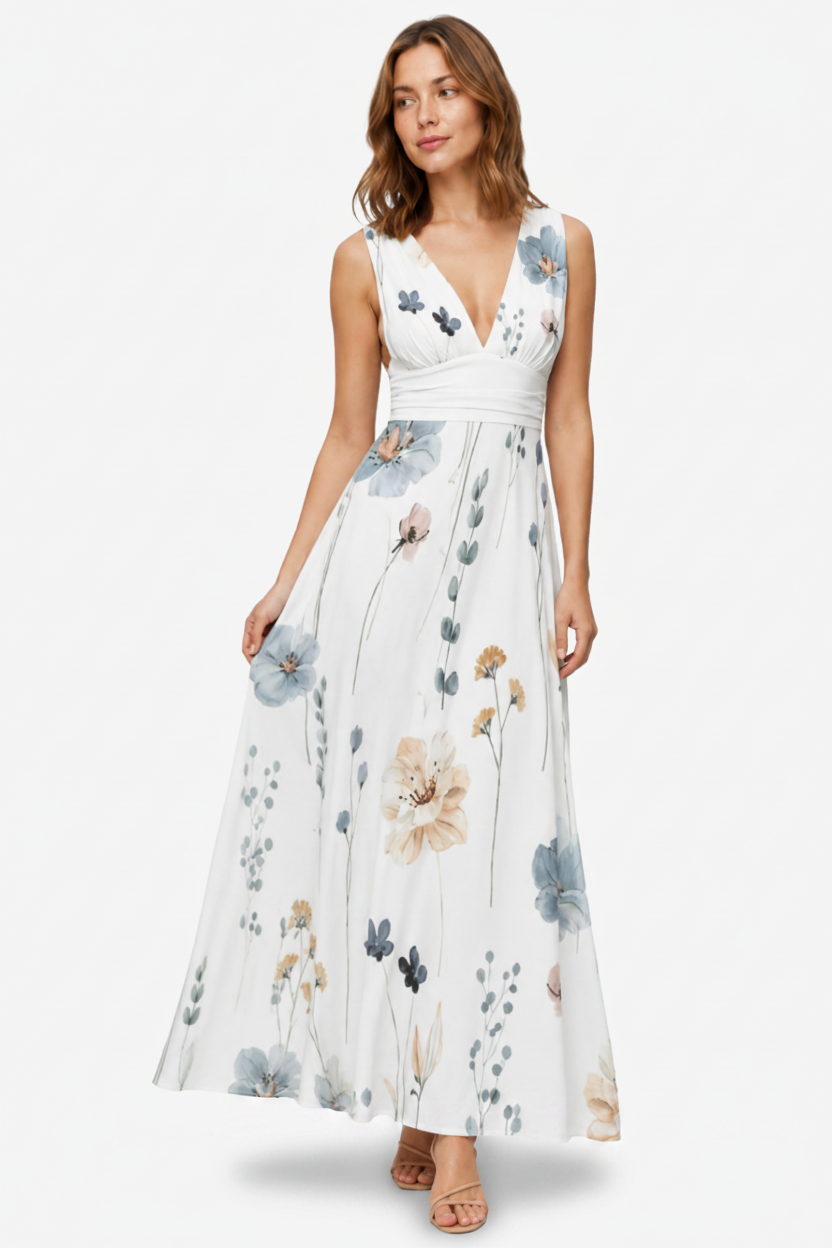 VALERIQUE | Femme Robe longue imprimé floral coupe évasée col V sans manches style décontracté