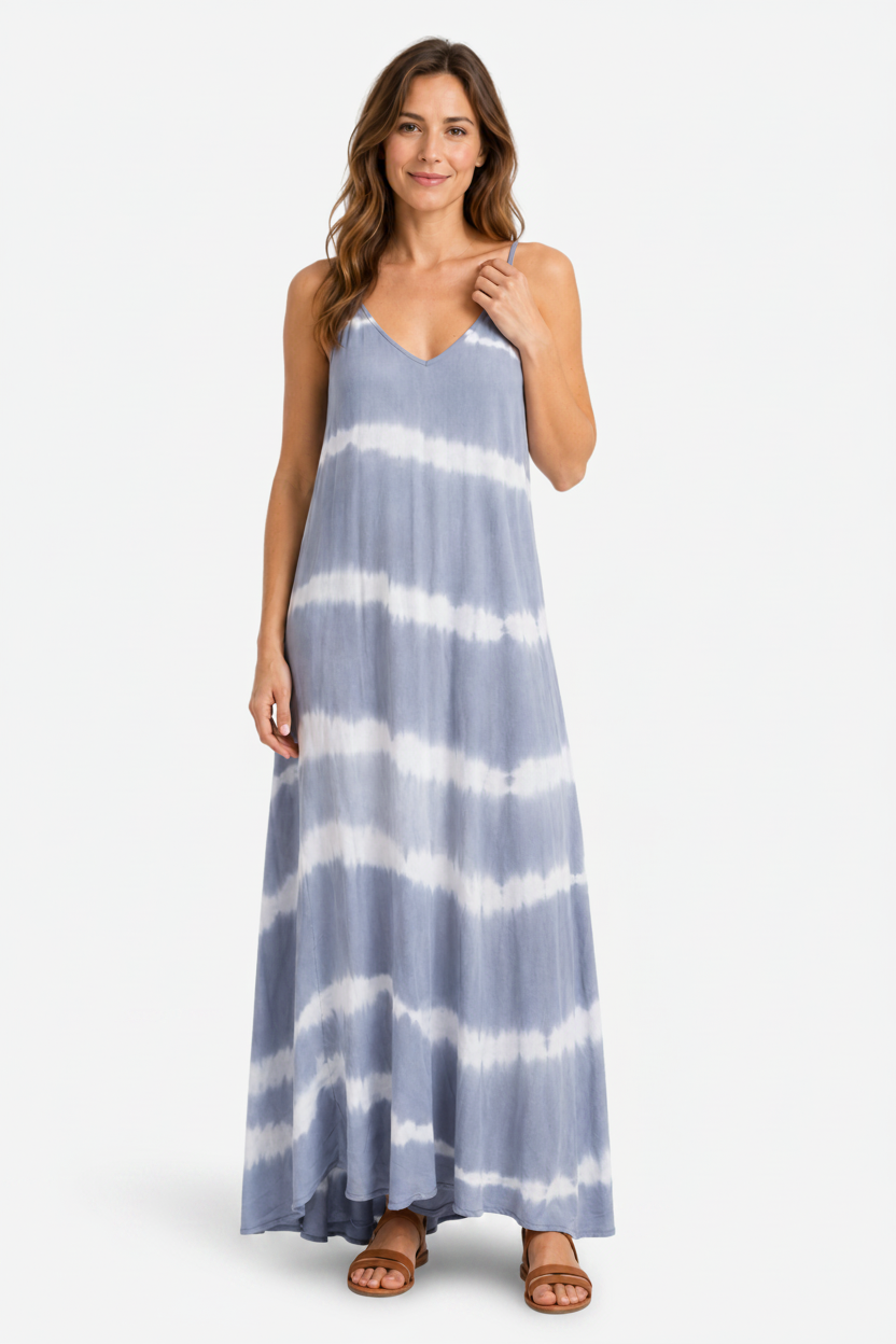 VALERIQUE | Femme Robe Maxi Décontractée Tie-Dye en Mélange de Coton Bleu et Gris, Bretelles Fines, Col en V Profond