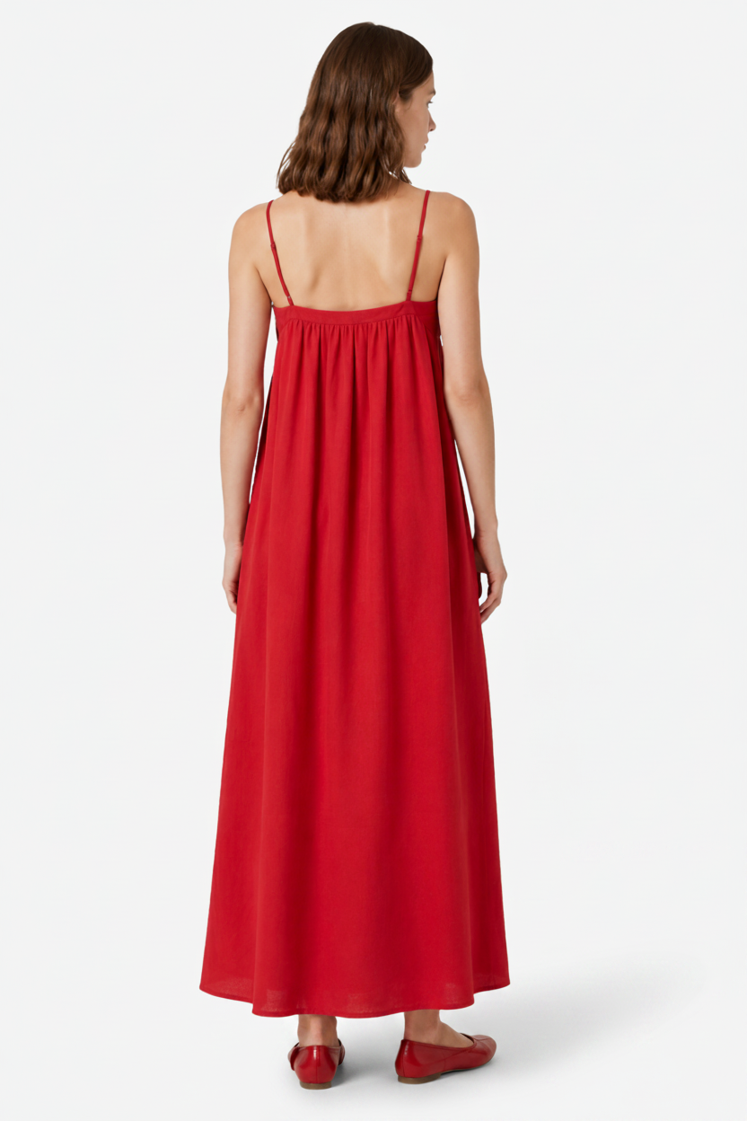 VALERIQUE | Femme Robe Maxi Décontractée en Mélange de Coton Rouge et Noir, Imprimé Poisson Blanc, Bretelles Ajustables