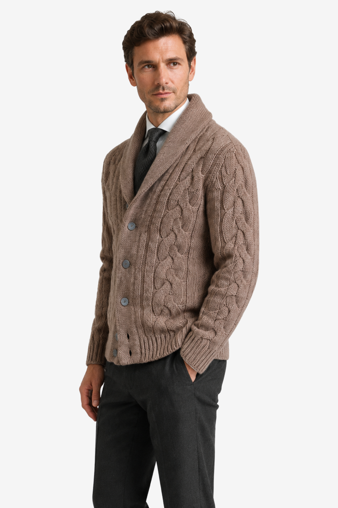VALERIQUE | Cardigan en Maille Torsadée pour Homme – Col Châle Fermeture Boutonnée