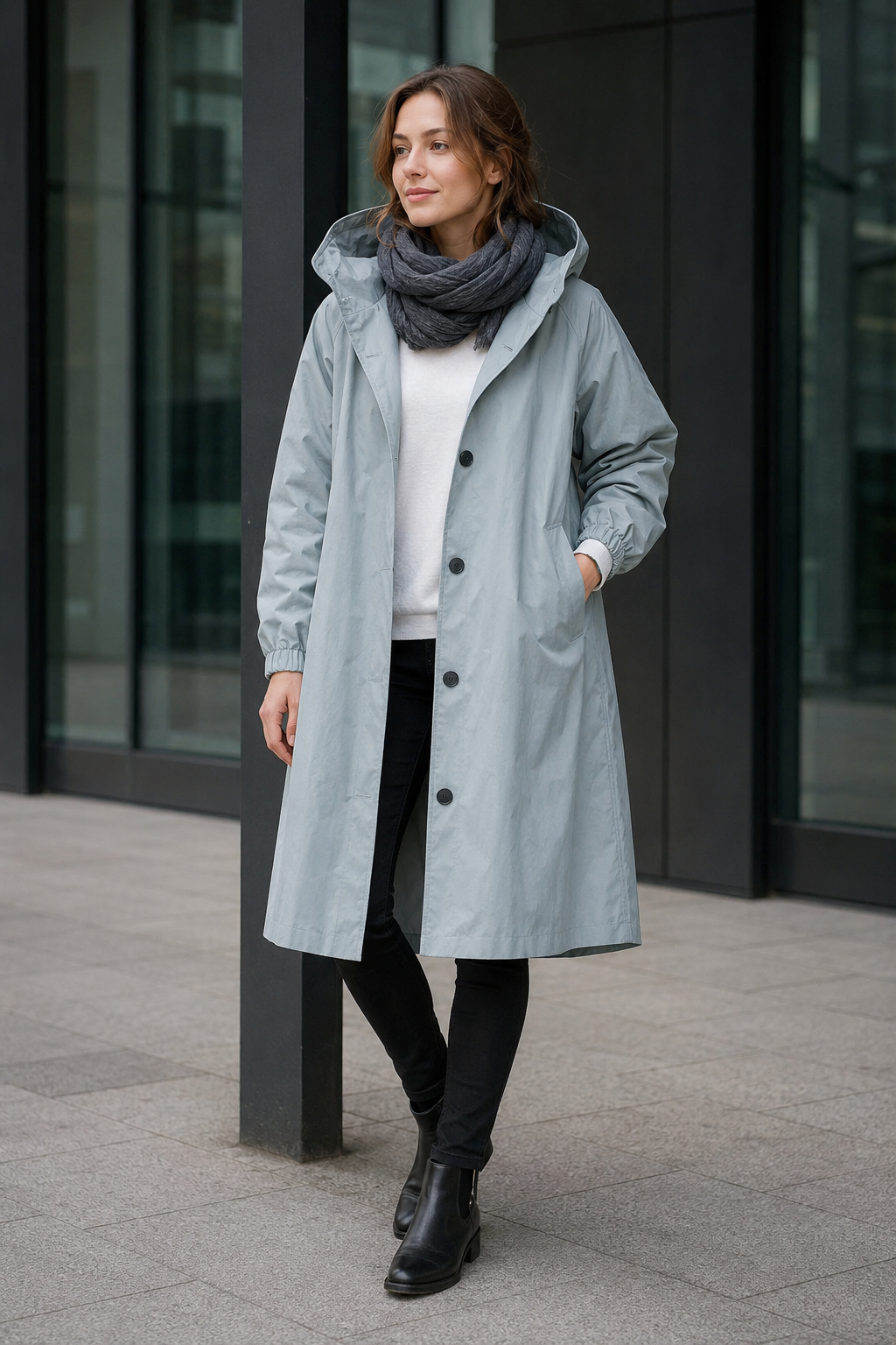 VALERIQUE | Imperméable à capuche pour femme – Coupe longue, boutonnage sur le devant et design décontracté