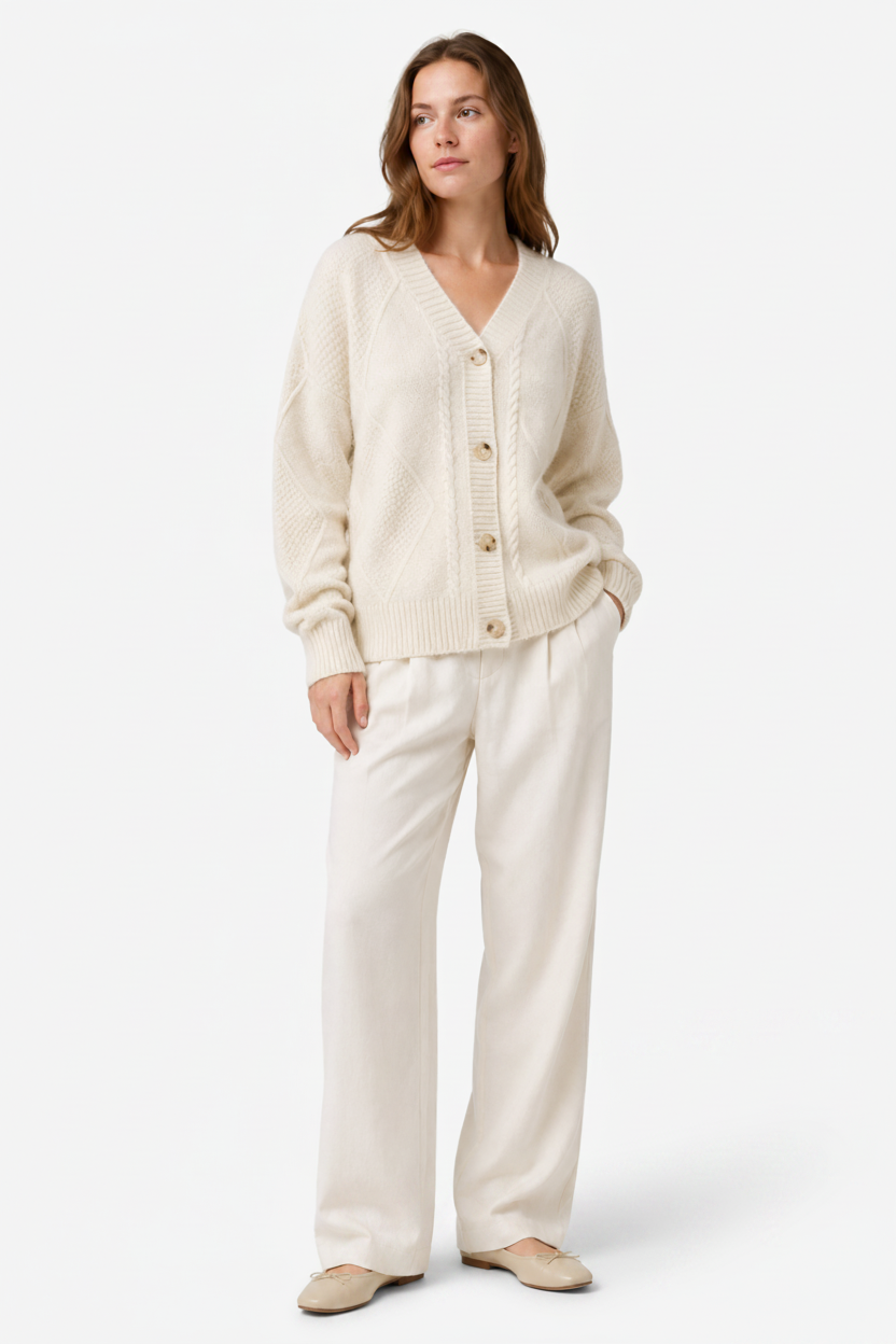 VALERIQUE | Cardigan en Maille Torsadée pour Femme – Col en V Fermeture Boutonnée Design Confortable