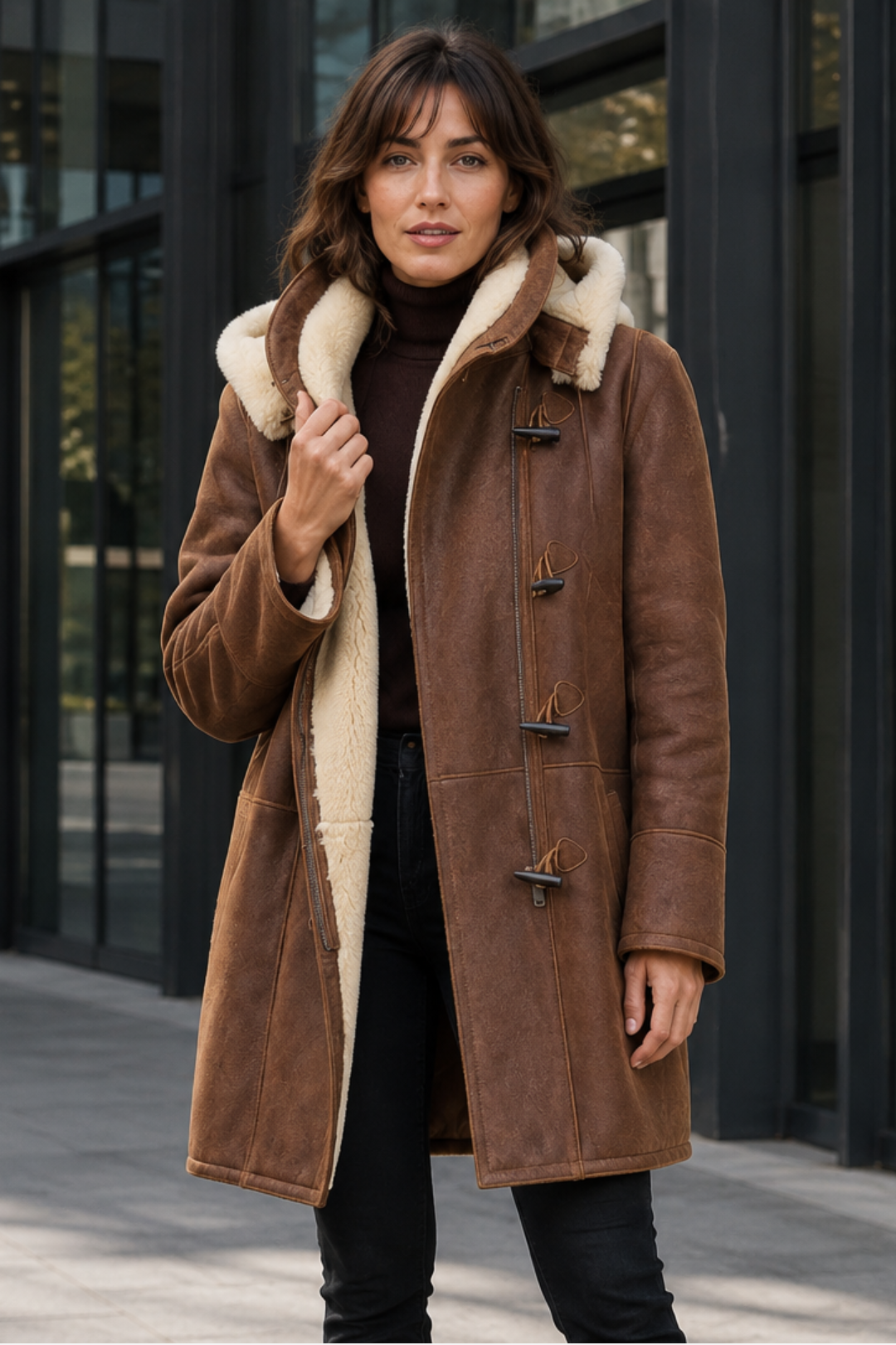 VALERIQUE | Manteau Effet Peau Lainée pour Femme – Capuche Fermetures à Brandebourgs Coupe Longue