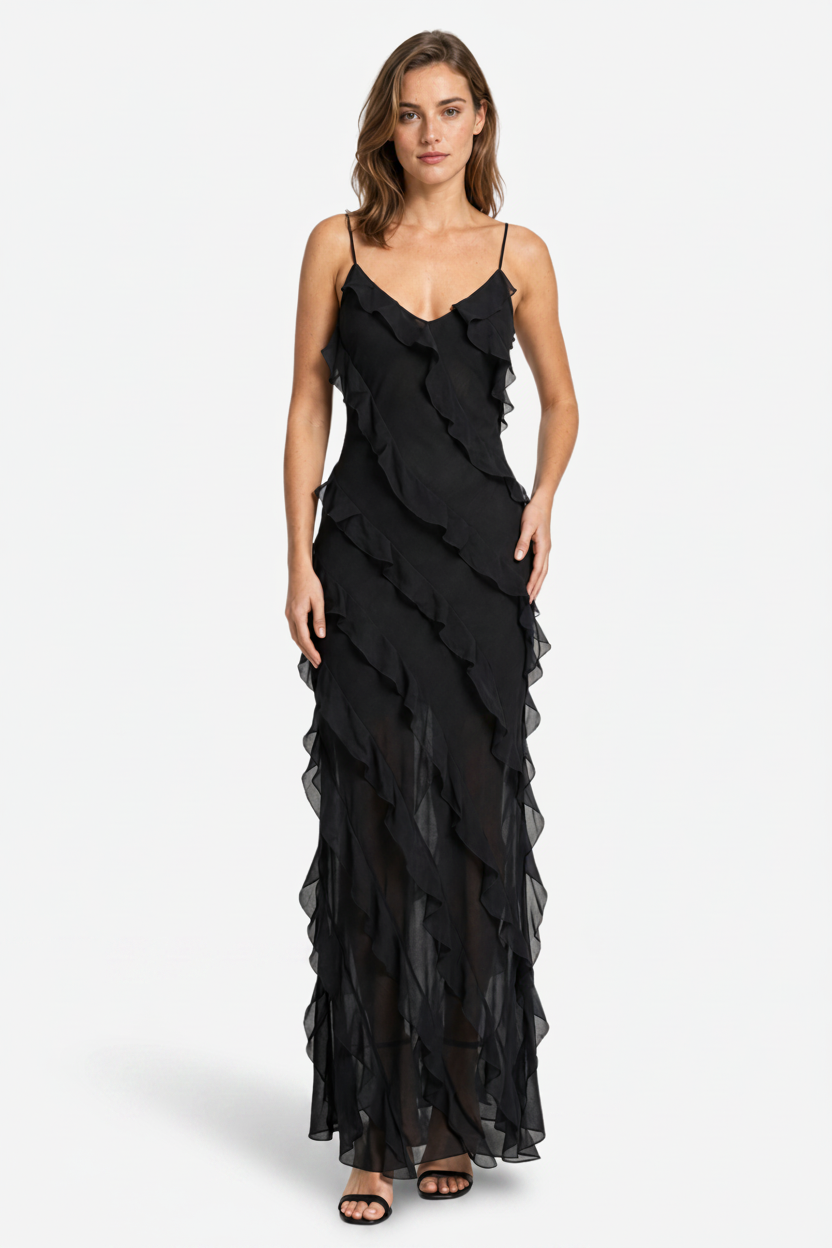 VALERIQUE | Robe Longue à Volants en Coton Léger pour Femme – Bretelles Fines