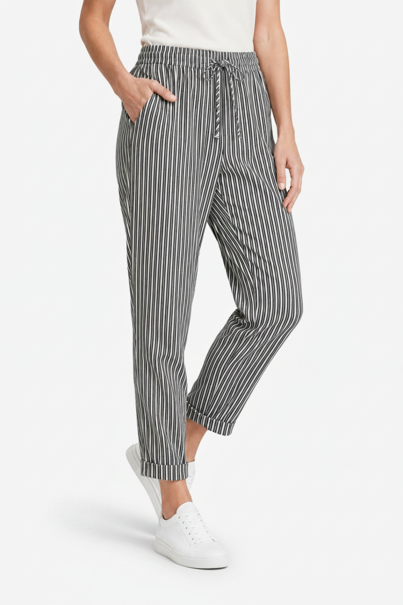 VALERIQUE | Femme pantalon à rayures droit en coton à taille élastiquée avec cordon longueur cheville taille mi-haute