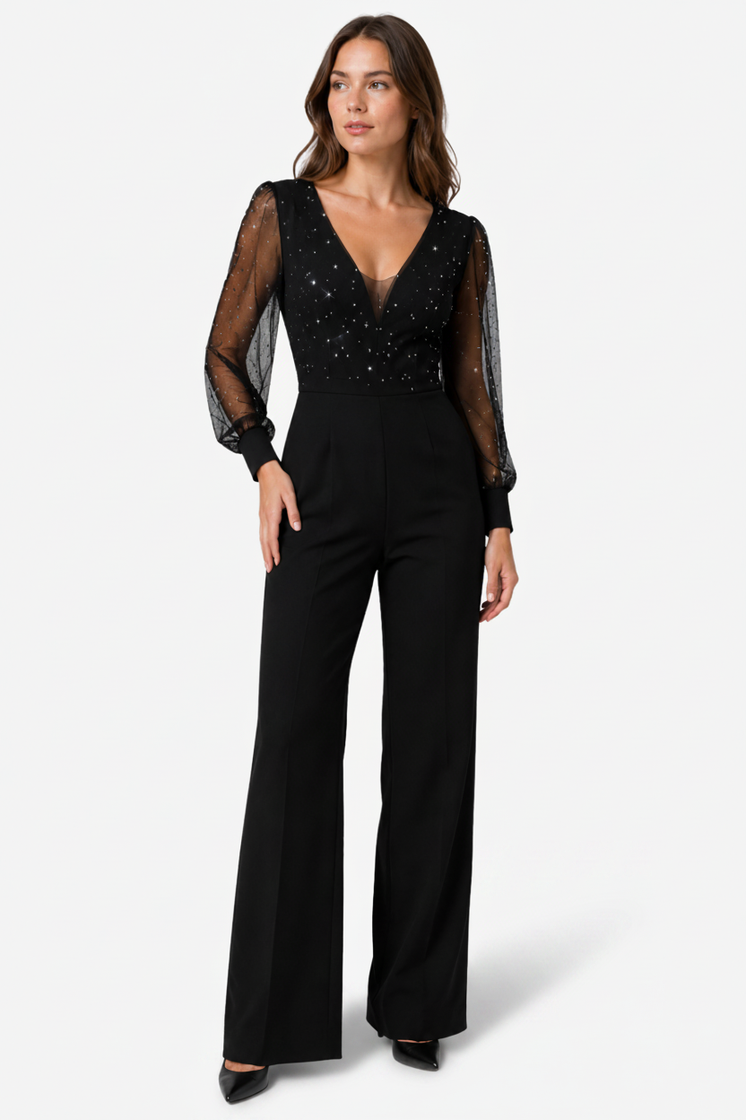 VALERIQUE | Combinaison Ornée pour Femme – Manches Transparentes Pantalon Large