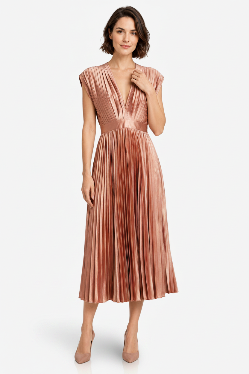 VALERIQUE | Femme Robe midi plissée coupe évasée col V style fluide