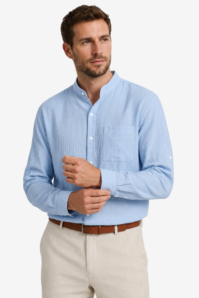 VALERIQUE | Chemise en Lin pour Homme – Manches Longues et Col Officier Coupe Classique