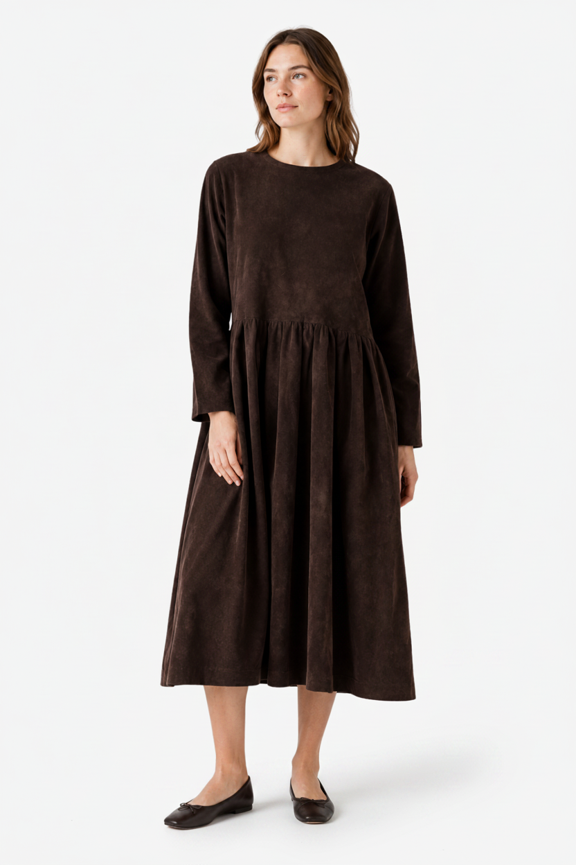VALERIQUE | Robe Midi Plissée pour Femme – Col Rond Coupe Décontractée Manches Longues