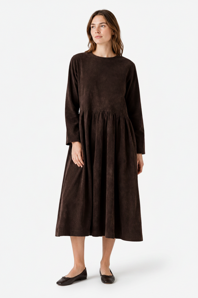 VALERIQUE | Robe Midi Plissée pour Femme – Col Rond Coupe Décontractée Manches Longues