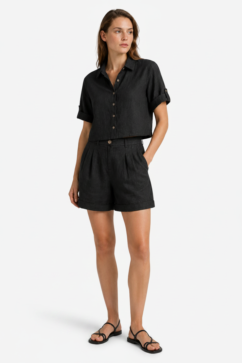 VALERIQUE | Ensemble Deux Pièces en Mélange de Lin pour Femme – Chemise Ample et Short Taille Haute