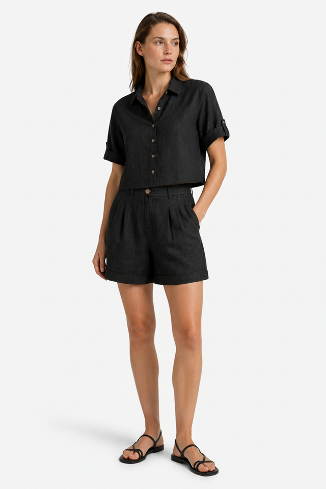 VALERIQUE | Ensemble Deux Pièces en Mélange de Lin pour Femme – Chemise Ample et Short Taille Haute