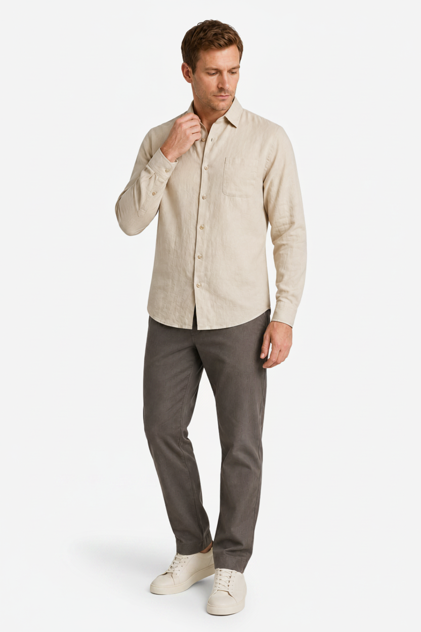 VALERIQUE | Homme chemise en lin à manches longues avec col classique et fermeture boutonnée pour usage quotidien