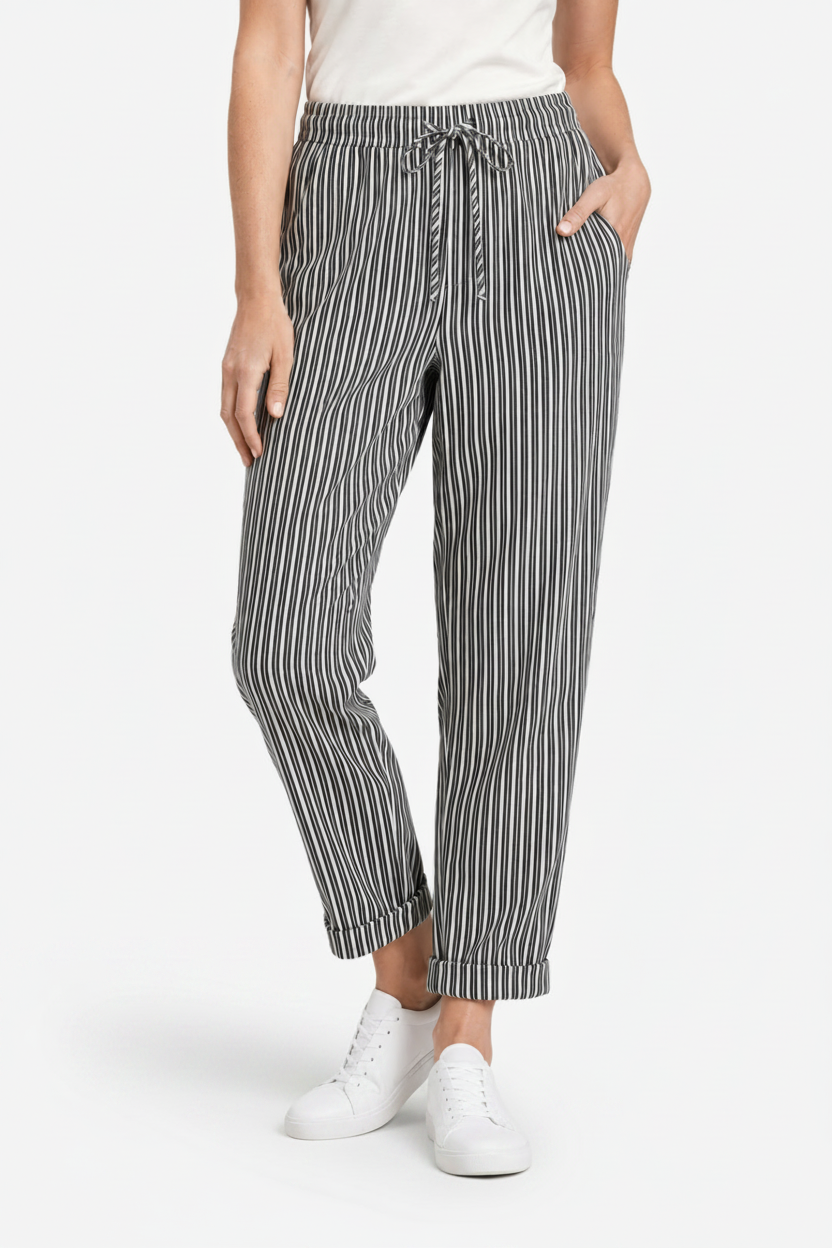 VALERIQUE | Femme pantalon à rayures droit en coton à taille élastiquée avec cordon longueur cheville taille mi-haute