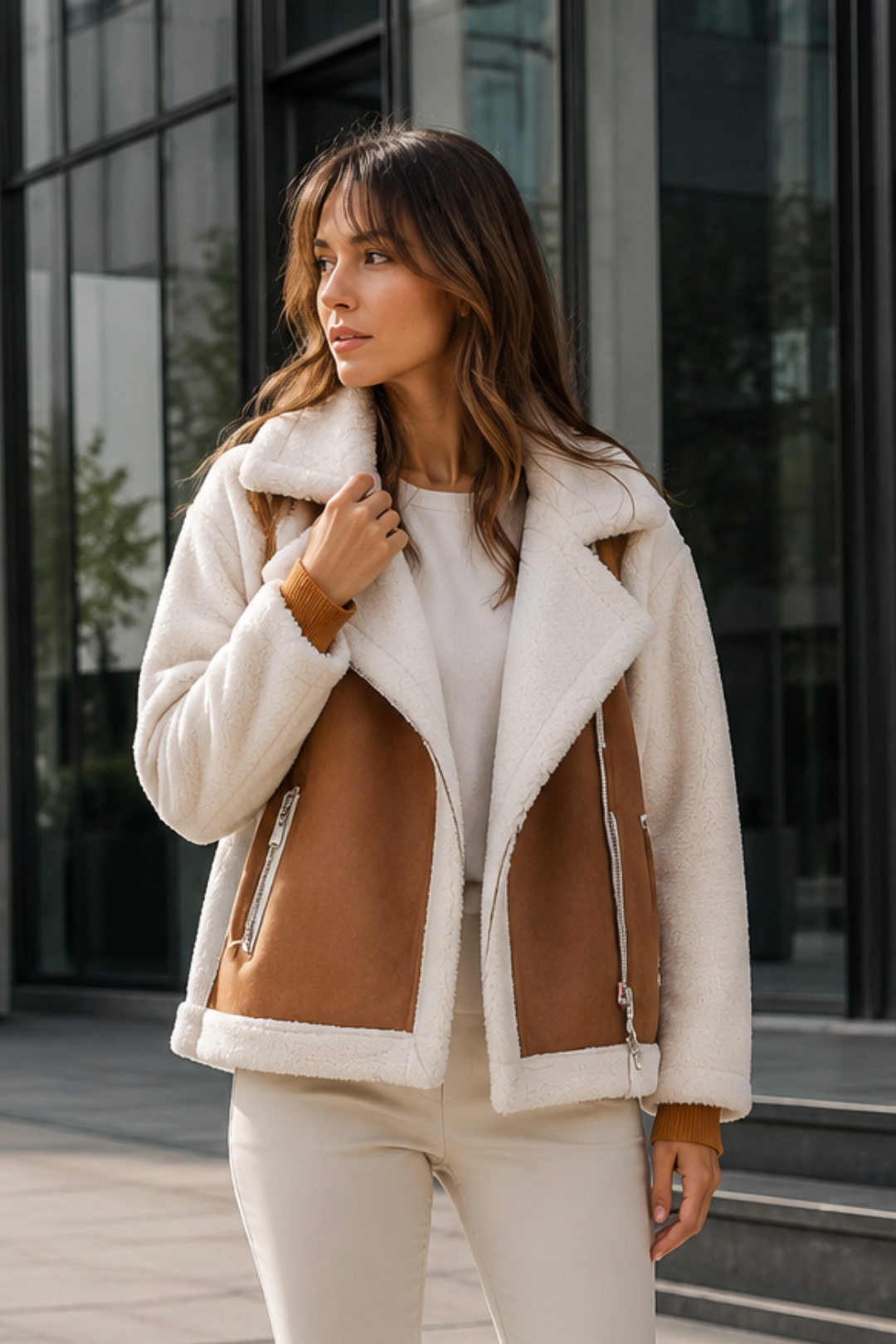 VALERIQUE | Veste Effet Peau Lainée pour Femme – Revers Oversize Panneaux Contrastants Fermeture Zippée