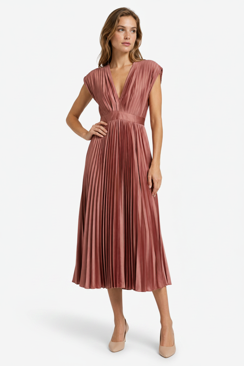 VALERIQUE | Femme Robe midi plissée coupe évasée col V style fluide
