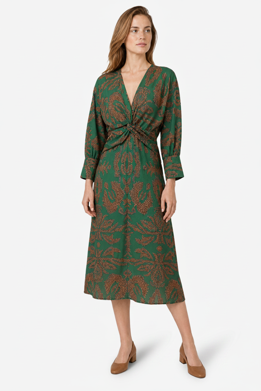VALERIQUE | Robe Midi Portefeuille en Coton Léger à Imprimé Feuilles pour Femme – Col V