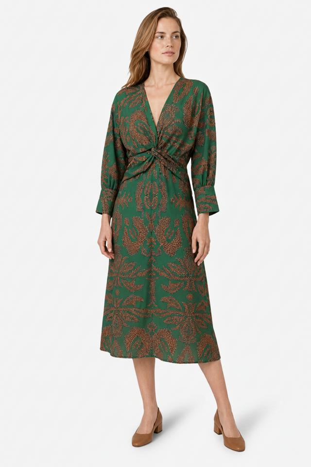 VALERIQUE | Robe Midi Portefeuille en Coton Léger à Imprimé Feuilles pour Femme – Col V