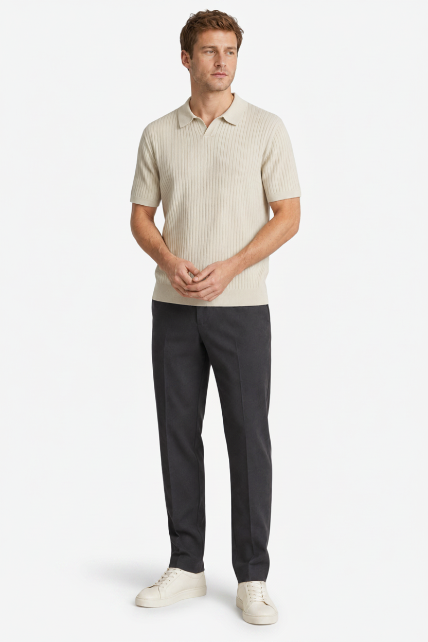 VALERIQUE | Polo en Maille Fine Côtelée en Coton pour Homme – Col Ouvert Décontracté