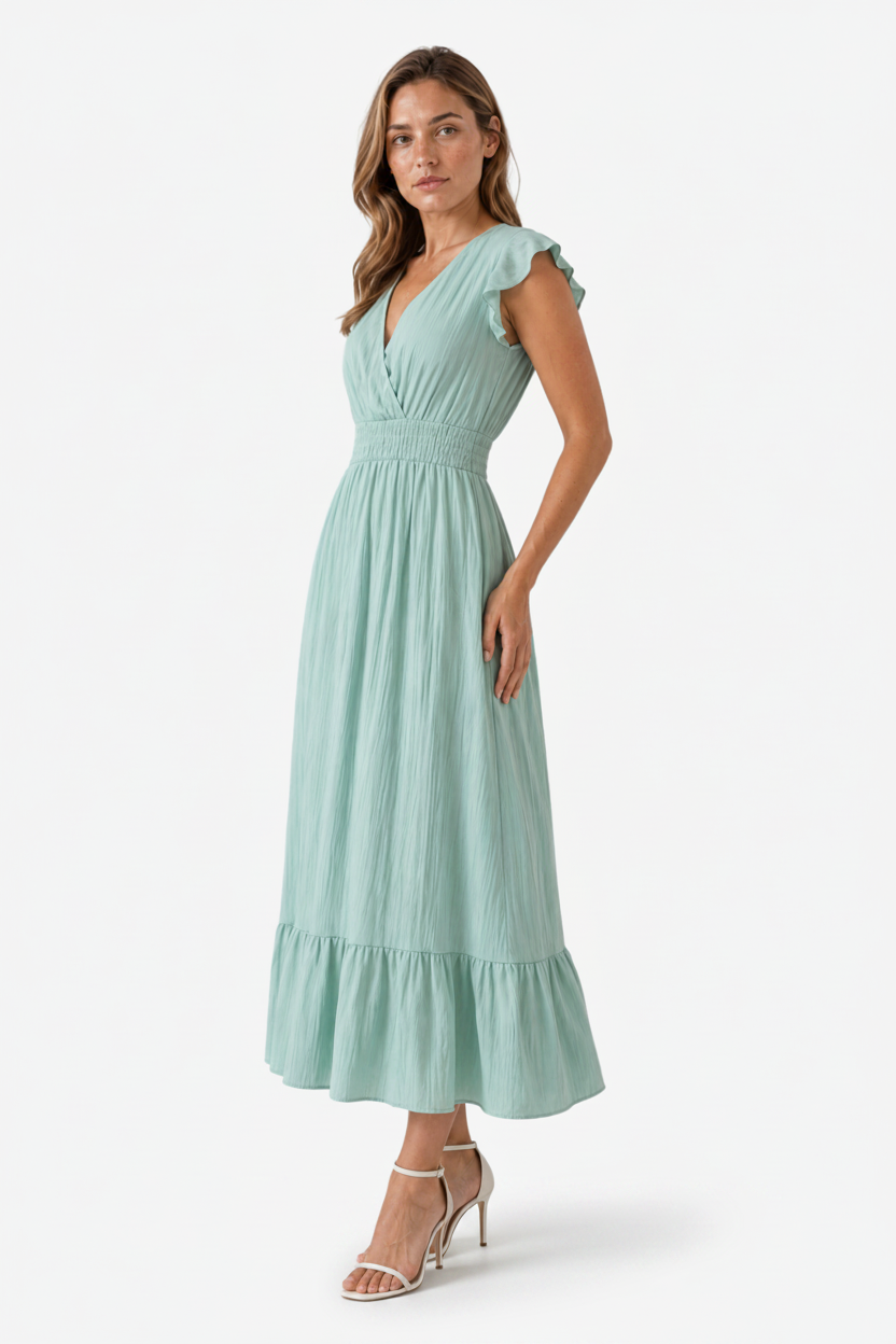 VALERIQUE | Robe longue vert sauge à col cache-cœur et manches courtes volantées pour usage quotidien